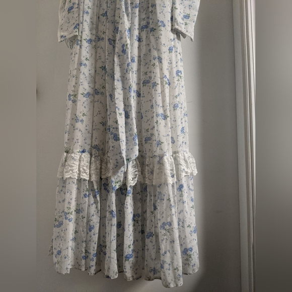 Gunne Sax White Sheer Pillow Sleeve Corset Lace Up Blue Floral Prairie Dress - Picture 6 of 16